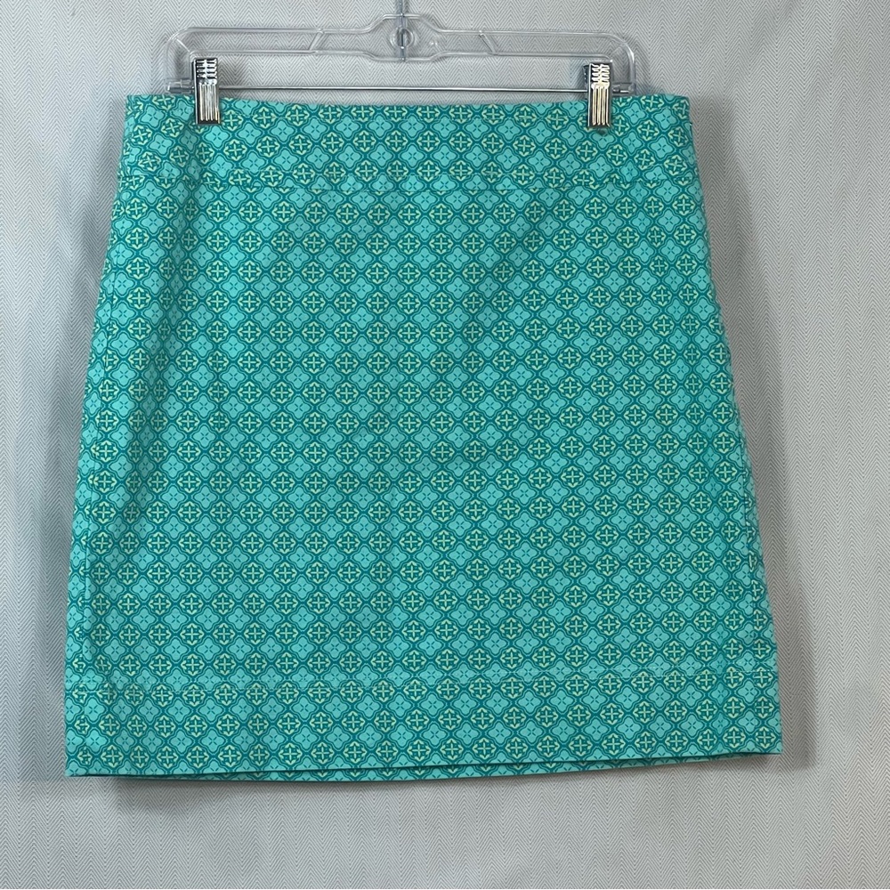 Talbots Skirt Teal Geometric Print Pencil Skirt Stretch Lined Side Zip EUC 10👍